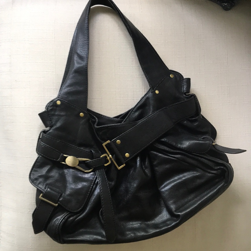 Kooba Black Leather Shoulder Bag with Brass Hardware
